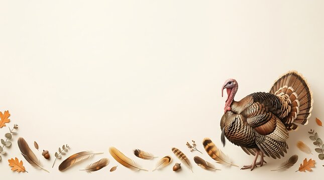 Watercolor illustration of a turkey with autumn leaves and feathers on a light beige background