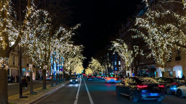 Christmas and New Year light decorations on the streets of Paris, France, December 25, 2025. High quality 4k footage