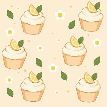 Minimalist kawaii lemon cupcake seamless pattern