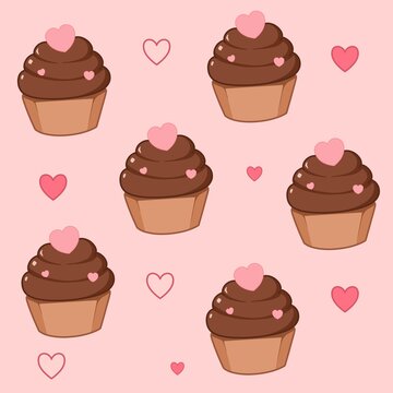 Cute chocolate cupcake with hearts seamless pattern