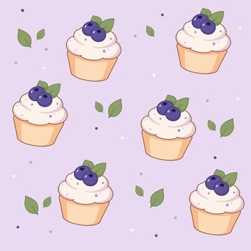 Kawaii blueberry cupcake seamless pattern with leaves