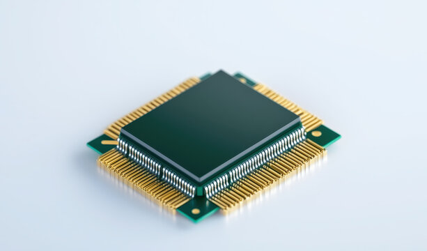 High tech microprocessor with gold pins, designed for advanced computing applications, showcasing sleek and modern aesthetic