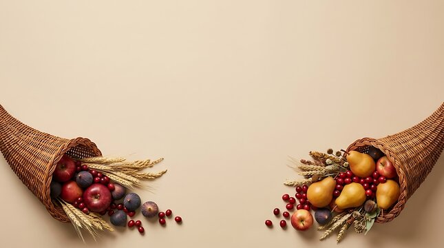 Two wicker cornucopias filled with fresh autumn fruits and wheat stalks on a neutral beige background