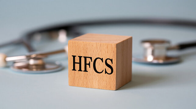 A wooden block with HFCS text sits beside a medical stethoscope in bright studio light. Diet and health concept for medical editorial use.