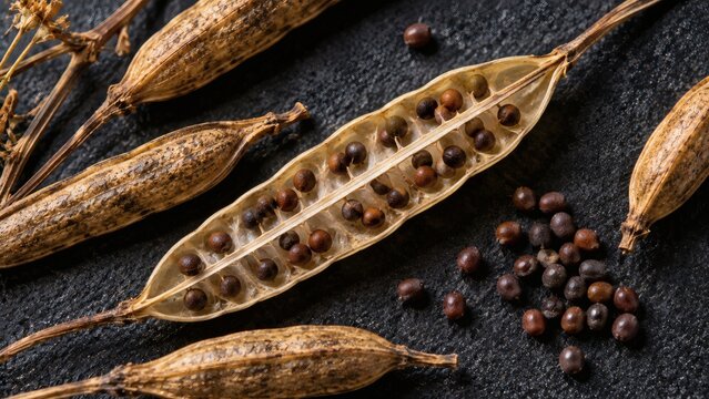 Longitudinal Cross Section of Wild Brassica Seed Silique on Slate