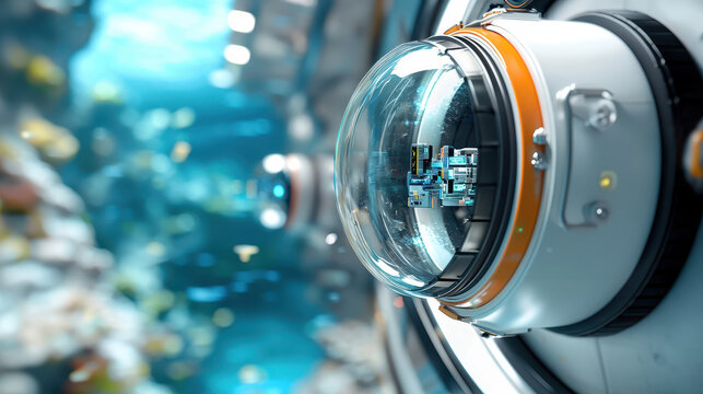 Futuristic underwater exploration vehicle with transparent dome, showcasing advanced technology and marine life in vibrant ocean environment