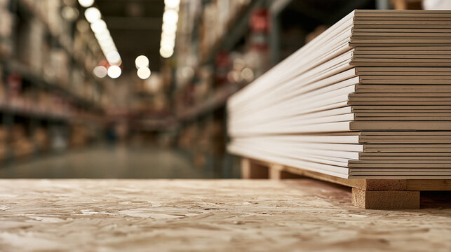 Stack of drywall panels on a pallet in a large warehouse. Ideal background for construction and renovation industry concepts.