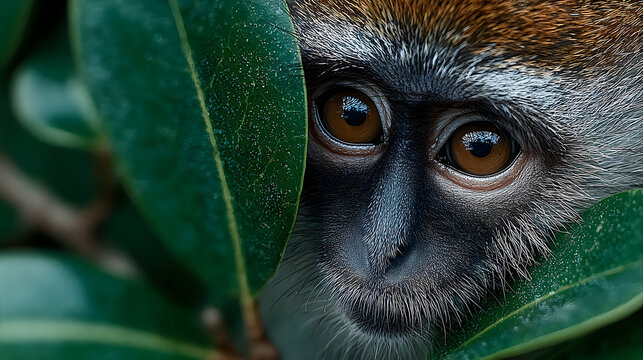 Cute monkey face vibrant foliage detailed fur dramatic wildlife image illustration
