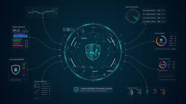 Motion graphic of a futuristic dashboard featuring a central digital shield for cybersecurity, network security data protection, and real-time threat detection.