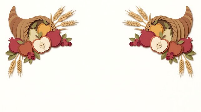 Two symmetrical cornucopia illustrations featuring autumn harvest fruits and wheat stalks on a white background