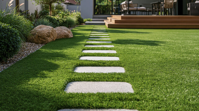 Stone stepping path through a lush green artificial grass lawn in a modern backyard during daylight. Perfect for landscaping and outdoor design concepts.
