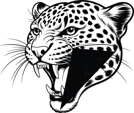 Fierce leopard head silhouette with an open mouth showing sharp teeth, isolated on a white background