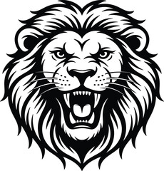 Fototapeta premium Powerful lion head silhouette with a thick mane and open mouth, isolated on a solid white background