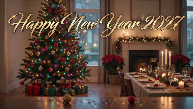 Festive new years eve and christmas celebration with tree and fireplace
