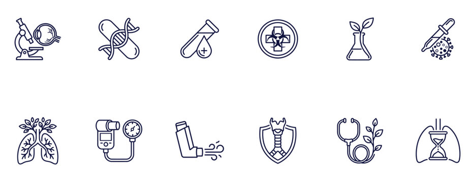 Biotechnology and Pulmonology Line Icons Set, Respiratory Medicine, Clinical Laboratory Research, Vector Symbols Isolated on White