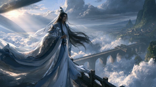 
Ethereal fantasy goddess in flowing white and blue silk robes standing gracefully on an ancient stone bridge above a vast sea of clouds with misty mountains in the distance