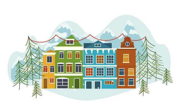 Flat style winter video showing cozy houses covered in snow. 