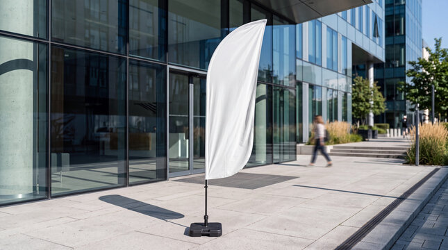 Mockup Blank white feather flag mockup in front of modern office building entrance