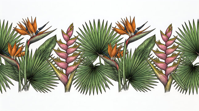 Tropical pattern border with exotic bird of paradise flowers and green palm leaves in sketch style