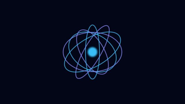 Abstract atom orbit icon with glowing nucleus and intersecting rings, science physics quantum energy design concept. 4k video