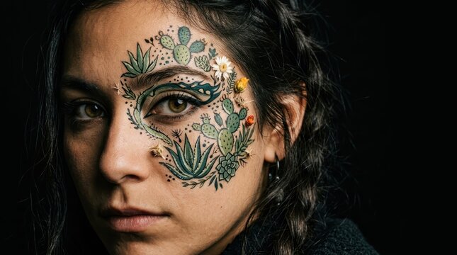 Close up portrait with floral face paint and dark dramatic lighting