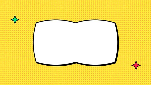 Comic pop art frame with wavy blank panel on halftone dot background, bold outline cartoon template design concept. 4k video