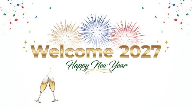 Festive new year illustration with champagne glasses and sparkling fireworks display
