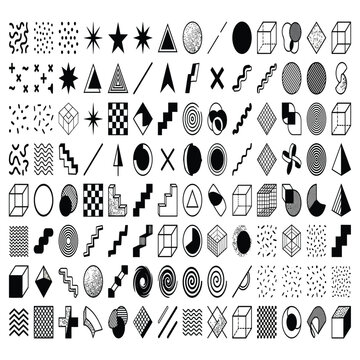 Minimalist vector graphic collection featuring various black and white geometric shapes and abstract pattern design elements