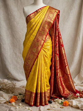 Traditional yellow and red Indian silk saree with golden border draped on mannequin