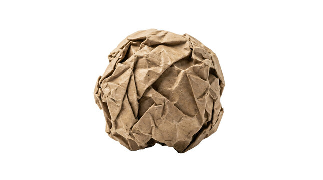 Crumpled ball made of brown recycled paper showcasing intricate textures and rough folds on transparent background