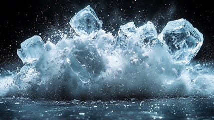 Obraz premium A large burst of many light blue ice shards and cold vapor exploding upwards powerfully