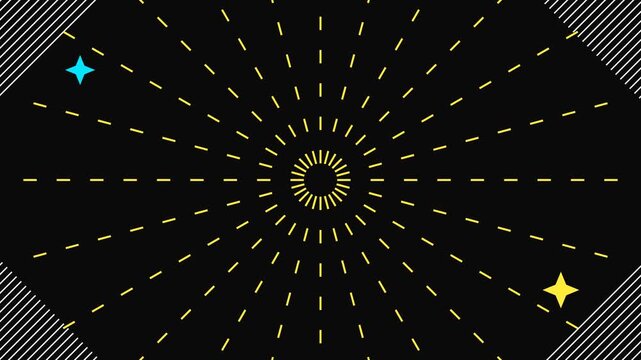 Radial dashed line burst pattern with sparkle stars and diagonal corner stripes, abstract retro geometric background design. 4k video