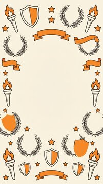 Decorative frame border with hand drawn shields stars torches laurel wreaths and ribbons for awards design