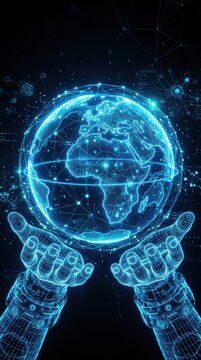 Glowing blue digital earth globe held by futuristic robotic hands with data network connections in dark space