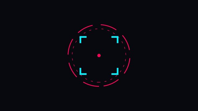 Futuristic hud target reticle with dashed rings and corner brackets, sci-fi focus lock scan interface design concept. 4k video