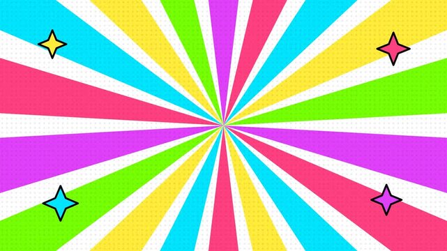 Colorful sunburst rays radial pattern with halftone dots and star shapes, bright cartoon comic background template design. 4k video