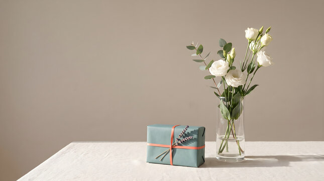 A beautiful gift wrapped with love for national random acts of kindness day on a simple table with fresh white flowers