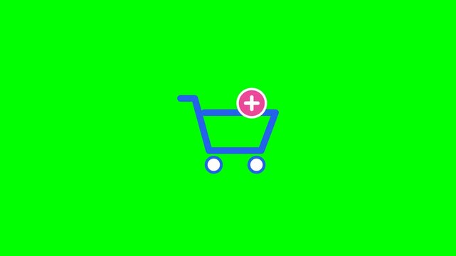 Shopping cart icon with plus add button on green screen, ecommerce online store add to cart symbol design concept. 4k video