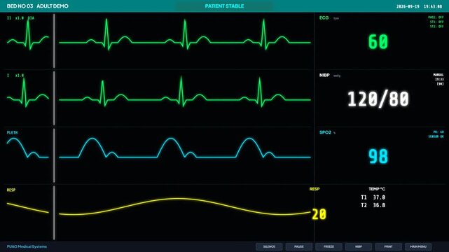 Hospital patient monitor displaying stable vitals. Animated ECG heart rate screen. Medical UI telemetry overlay. Digital healthcare display. Normal vital signs readout. Dark UI template.