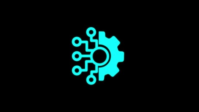 Ai technology icon animation. Animated line half cogwheel with digital data streaming. Loop HD video with alpha channel, on a transparent background 4k video