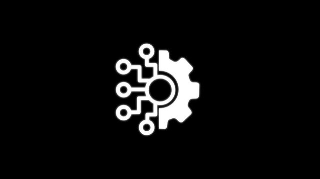 Ai technology icon animation. Animated line half cogwheel with digital data streaming. Loop HD video with alpha channel, on a transparent background 4k video