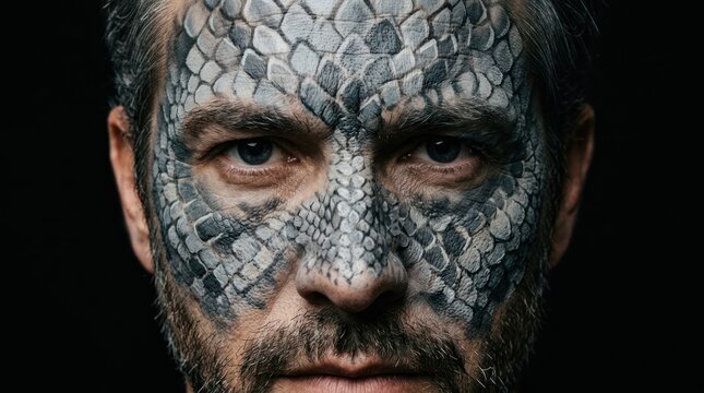 Man with stone-like facial paint and piercing gaze, intense moody portrait