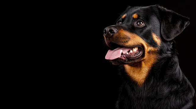 Close up portrait of Rottweiler dog with shiny black coat and distinctive tan markings, showcasing friendly expression against dark background