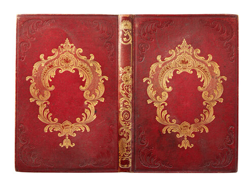 Antique red morocco leather book binding with elaborate gilt rocaille ornament, floral motifs and decorative corner tooling. Rich embossed cover with elegant baroque and rococo decoration.