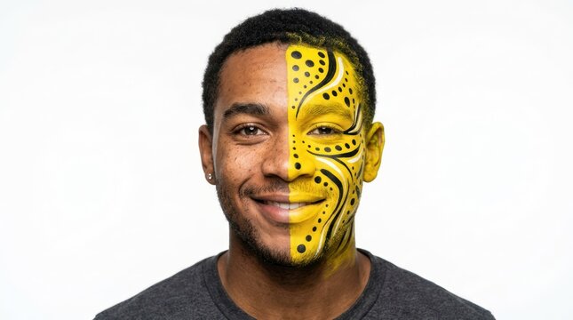 Young man with ornate yellow face paint portrait smiling on white background
