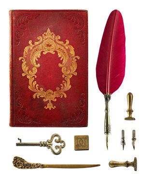 Luxury antique collection of baroque and rococo writing objects, featuring a richly gilt red morocco book binding, quill pen, feather, nibs, seals, key and decorative writing tools.