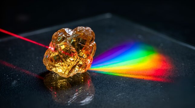 Raw amber crystal refracting red laser beam into rainbow spectrum, glowing gemstone light dispersion experiment, physics of optics and refraction