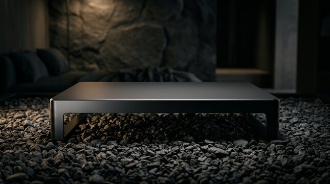 Minimalist black podium on volcanic rock bed, sleek dark display platform in moody interior, modern product stage with stone background