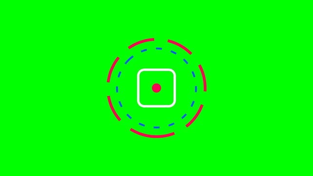 Target focus scan icon with dashed circle rings and center dot on green screen, digital recording indicator design concept. 4k video