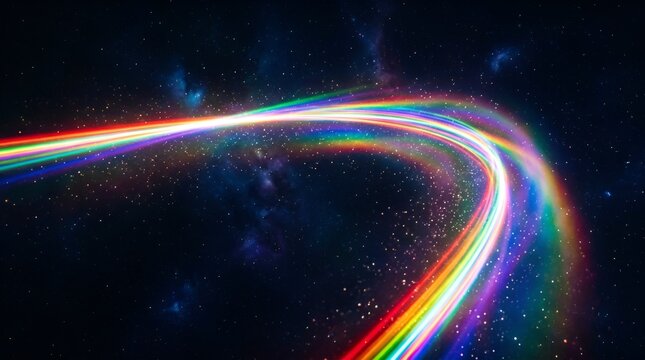 Rainbow light trails in deep space, vibrant cosmic spectrum motion blur, glowing colorful energy waves across starry galaxy background